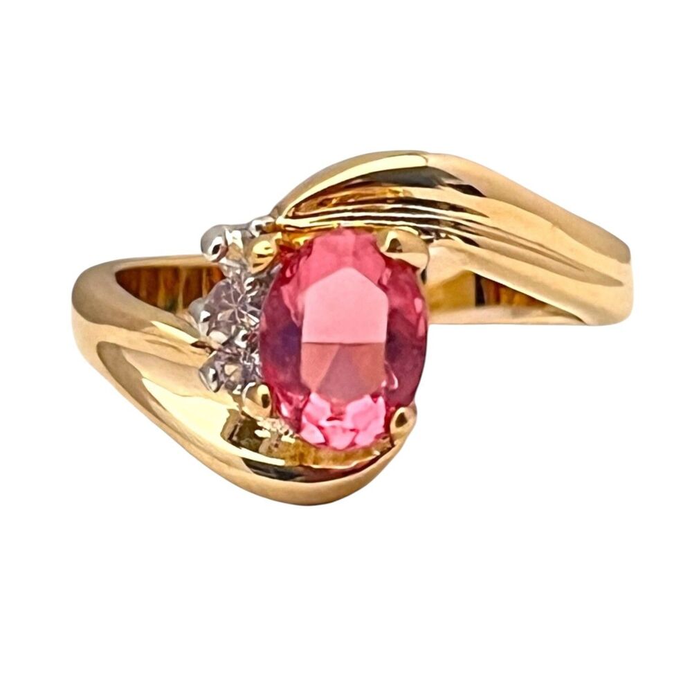 Vintage 1980s Pink Crystal Ring Size 9 14KGE Gold Plate - 3P